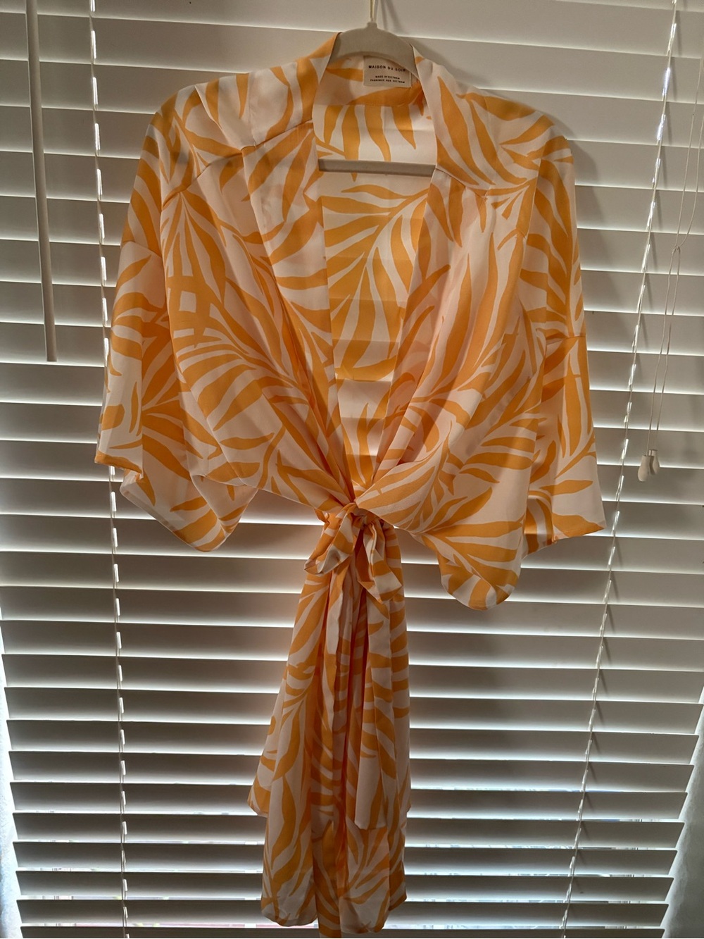 Maison du SoirTropical Leaf Print Kimono Yellow & White Pool Cover Up Robe